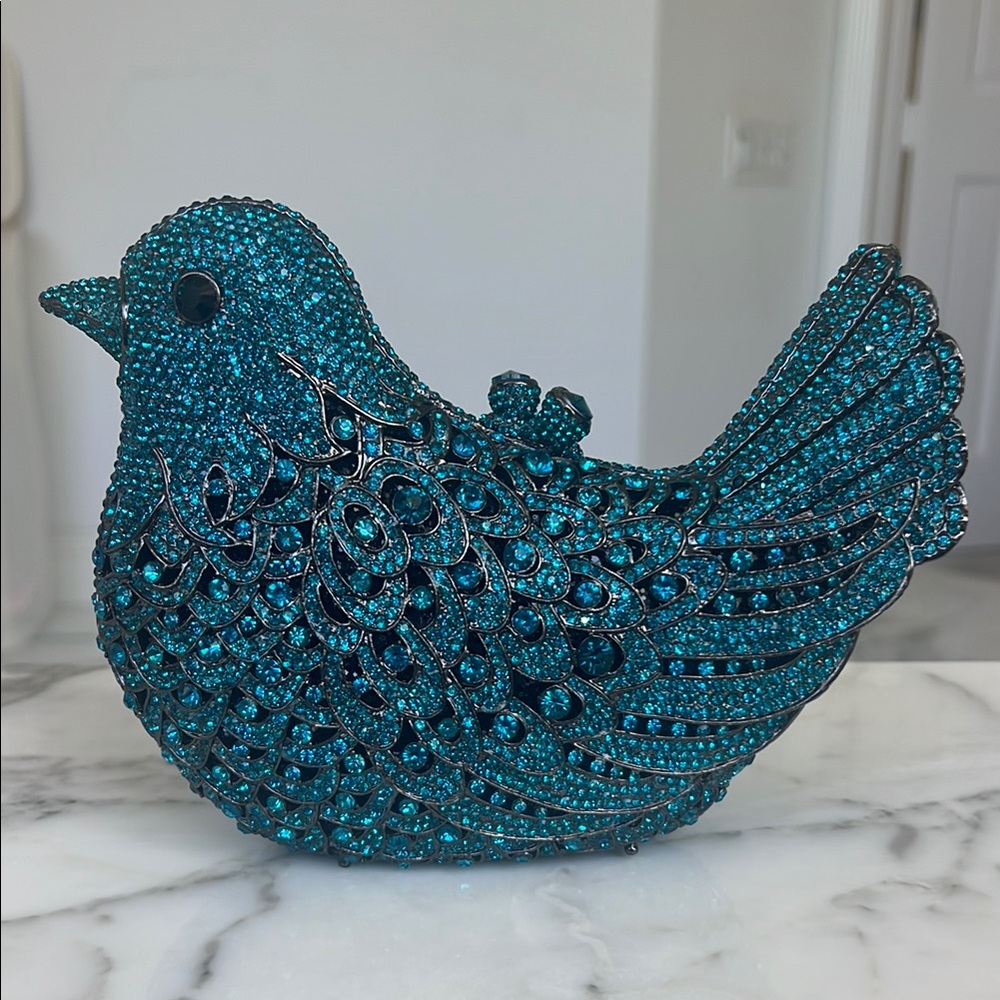 Elegant Rhinestone Blue Bird Clutch with cross body strap
